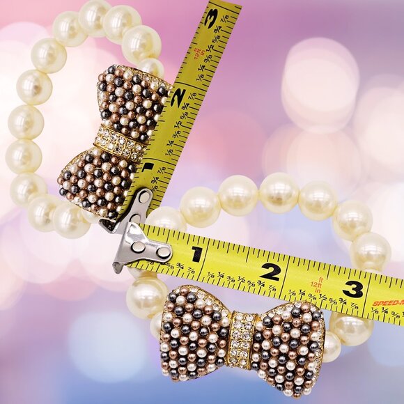 Pearl Stretch Bracelet w/ Large Pave Bow, Gold-Tone Rhinestone Center, Statement - Picture 8 of 10